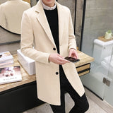 Men Long Cotton Coat New Wool Blend Pure Color Casual Business