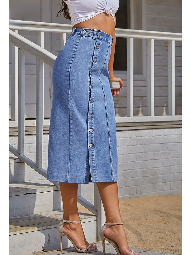 Button A-line Side Split High Waist Denim Skirt Office