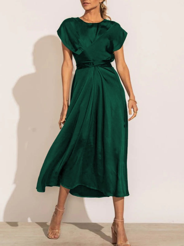 Summer Women's Dress Elegant Stain Silk Green Office Ladies Lace-up Midi Dress