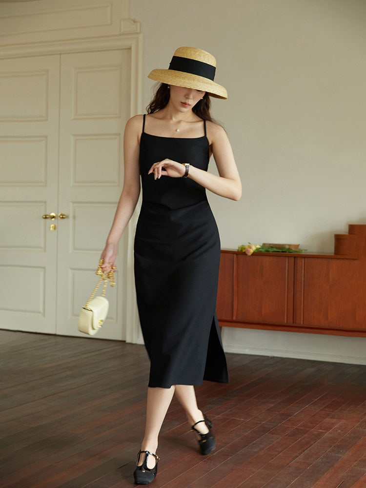 DUSHU Women Long Black Slip Dress Slit Design Elegant Square Neck Slip Dress