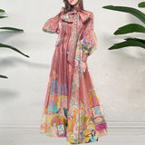 Spring Fashion Floral Print Boho Maxi Dress Women Elegant Bow Collar Loose Long Dress