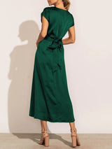 Summer Women's Dress Elegant Stain Silk Green Office Ladies Lace-up Midi Dress