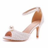 Crystal Queen White Pearl Sandals Open Toe High Heels Luxury Banquet Dress Stiletto