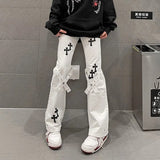 Harajuku High Waist Gothic Jeans Pants for Women Baggy Cross Stitch Wide Leg Pants