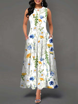 Summer Boho Long Dresses Women Elegant Sleeveless Casual Floral Print Beach Party Maxi Dress