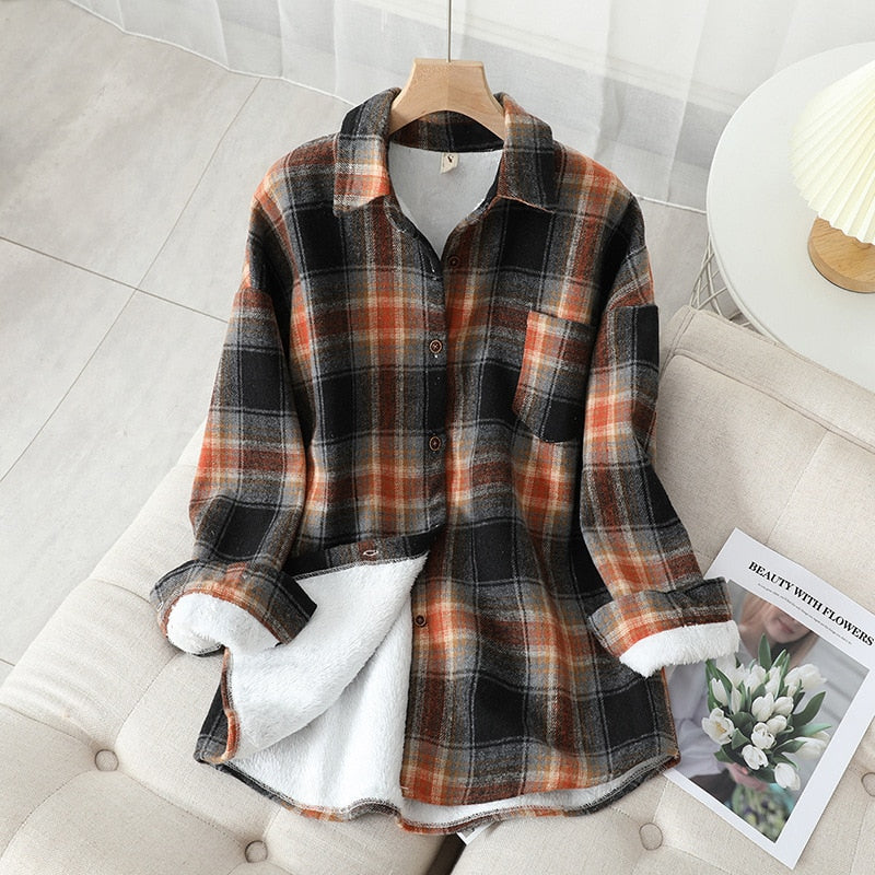 Thick Velvet Plaid Shirts Women Winter Warm Blouses and Tops New Casual Woollen Shirt