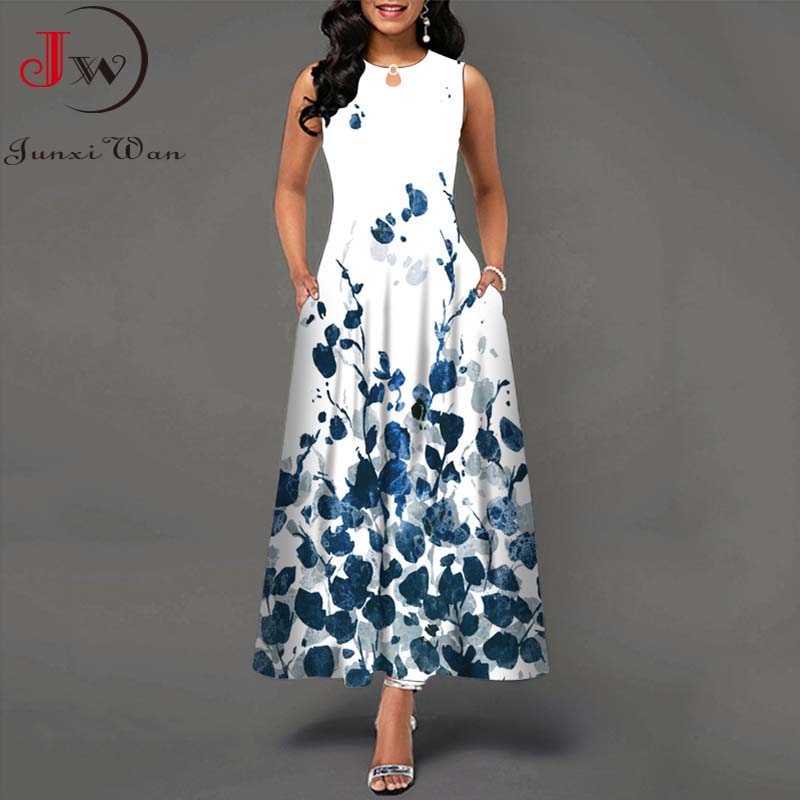 Summer Boho Long Dresses Women Elegant Sleeveless Casual Floral Print Beach Party Maxi Dress