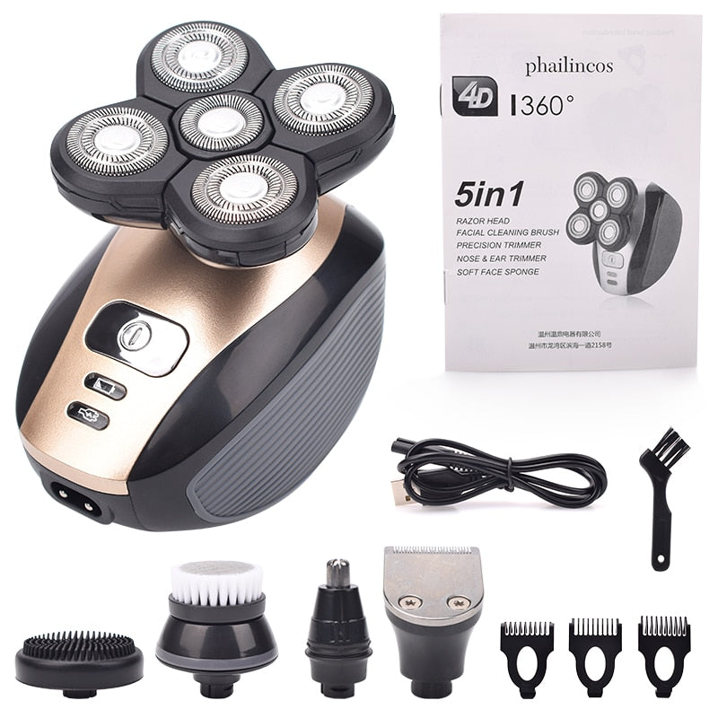 5 In 1 4D Men's Rechargeable Bald Head Electric Shaver 5 Floating Heads