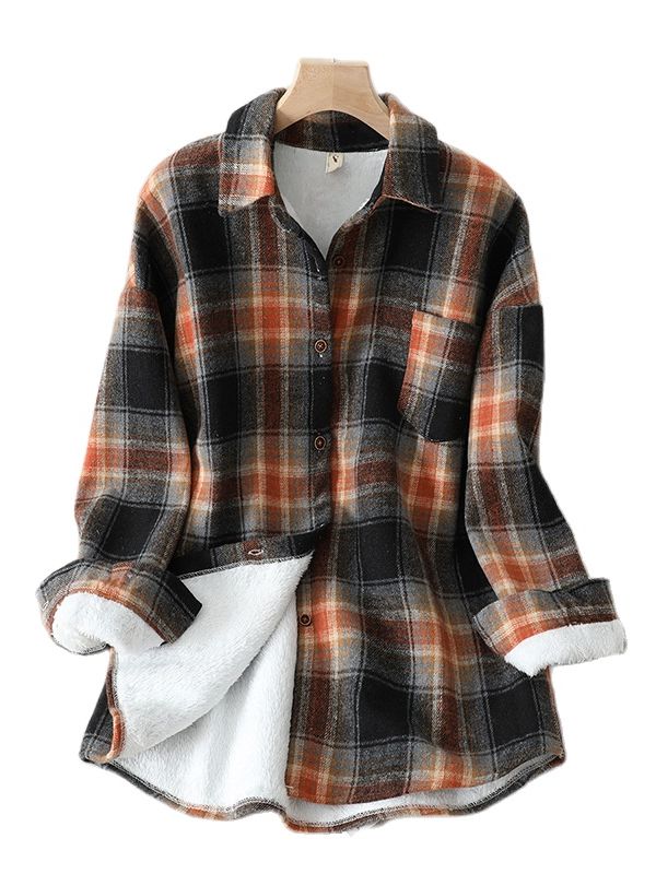 Thick Velvet Plaid Shirts Women Winter Warm Blouses and Tops New Casual Woollen Shirt