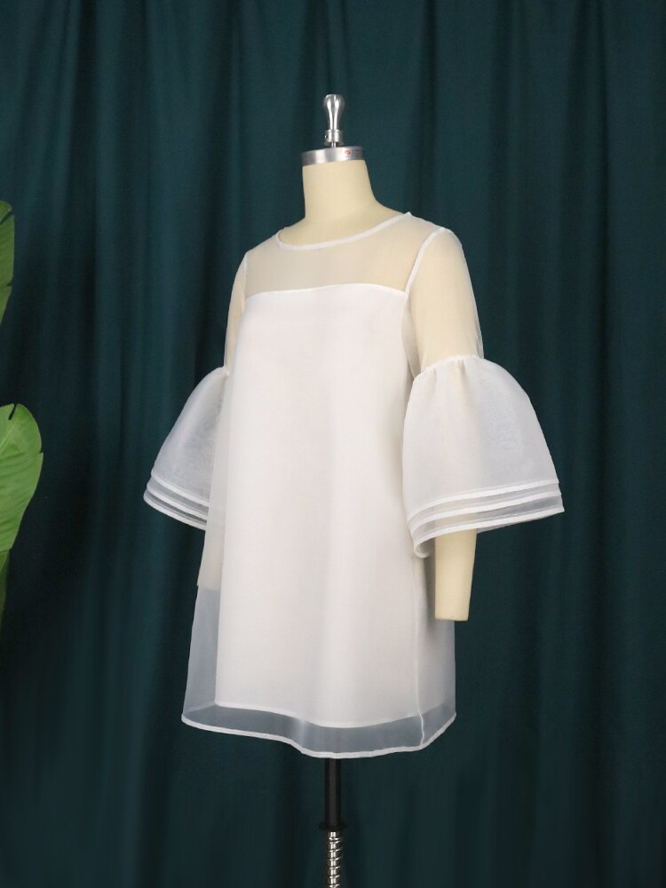 Women White Dresses Sweet O Neck 3 Layers Bell Sleeve Shift Dress