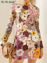 Floral Embroidery Elegant Luxury Women Mini Dress Half High Collar