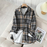 Thick Velvet Plaid Shirts Women Winter Warm Blouses and Tops New Casual Woollen Shirt