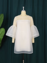 Women White Dresses Sweet O Neck 3 Layers Bell Sleeve Shift Dress