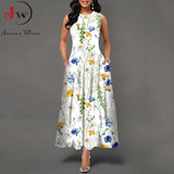 Summer Boho Long Dresses Women Elegant Sleeveless Casual Floral Print Beach Party Maxi Dress