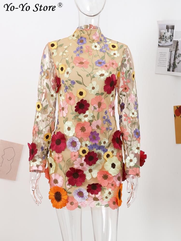 Floral Embroidery Elegant Luxury Women Mini Dress Half High Collar