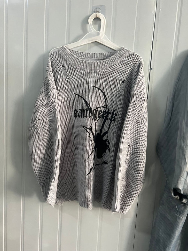 Spider Print Harajuku Thick Sweater Women Gothic Vintage Ripped Grunge Y2k Jumper Streetwear