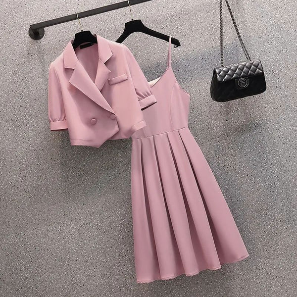 Short Sleeve Blazer and Dress Elegant Office Outfit