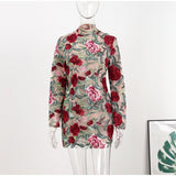 Floral Embroidery Elegant Luxury Women Mini Dress Half High Collar