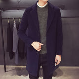 Men Long Cotton Coat New Wool Blend Pure Color Casual Business