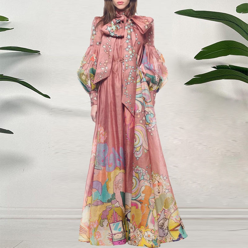 Spring Fashion Floral Print Boho Maxi Dress Women Elegant Bow Collar Loose Long Dress