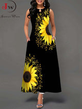 Summer Boho Long Dresses Women Elegant Sleeveless Casual Floral Print Beach Party Maxi Dress