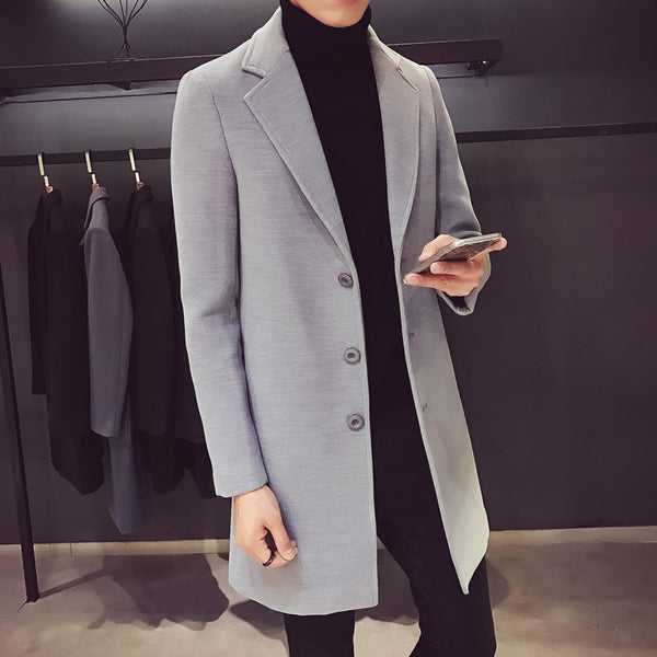 Men Long Cotton Coat New Wool Blend Pure Color Casual Business