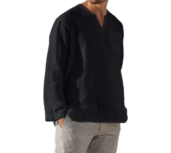 Hot Selling Men's Long Sleeve V-neck Casual Beach Linen Shirt For Men