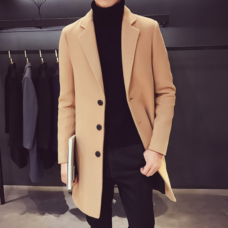 Men Long Cotton Coat New Wool Blend Pure Color Casual Business