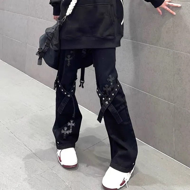 Harajuku High Waist Gothic Jeans Pants for Women Baggy Cross Stitch Wide Leg Pants