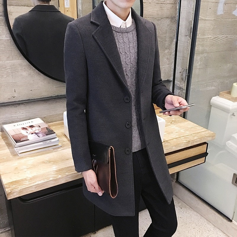 Men Long Cotton Coat New Wool Blend Pure Color Casual Business