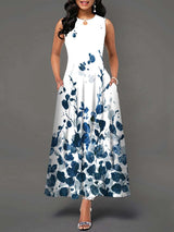 Summer Boho Long Dresses Women Elegant Sleeveless Casual Floral Print Beach Party Maxi Dress