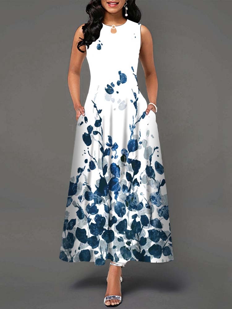 Summer Boho Long Dresses Women Elegant Sleeveless Casual Floral Print Beach Party Maxi Dress