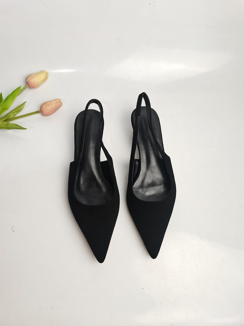 Meotina Women Genuine Leather Slingbacks Pointed Toe Block Mid Heels