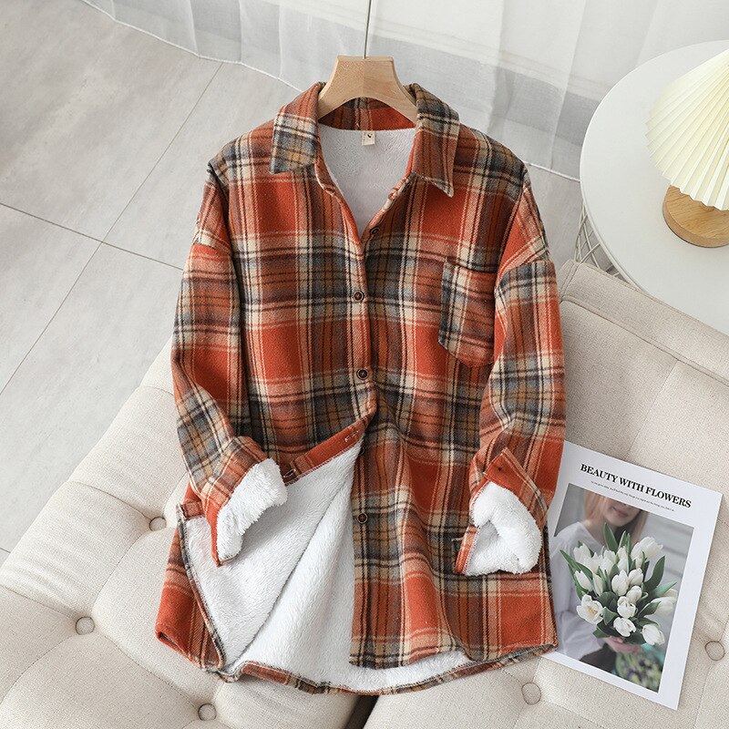 Thick Velvet Plaid Shirts Women Winter Warm Blouses and Tops New Casual Woollen Shirt