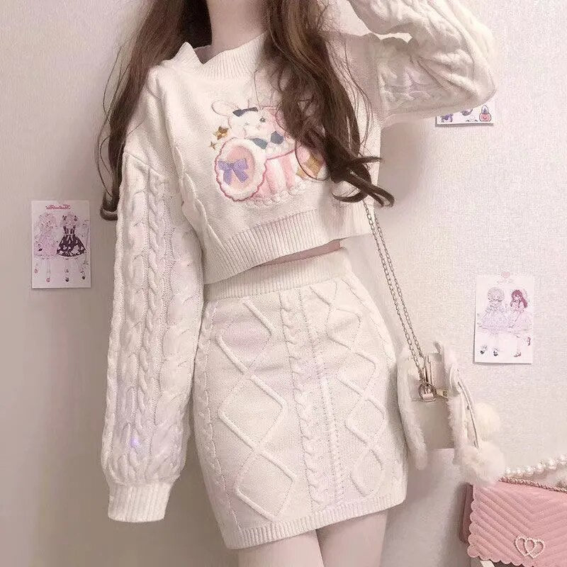 Embroidered Bunny Knit Sweater Outfit