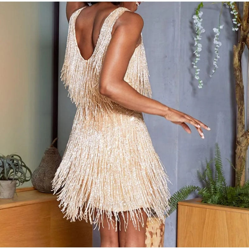 2023 New Sexy Tassel Sequins Feather Mini Dress