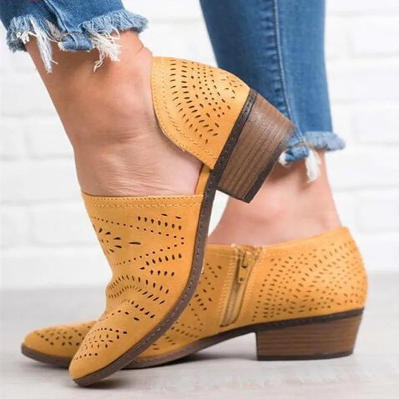 Women's Booties Block Low Heel PU Leather Hollow Out Ankle Platform Shoes