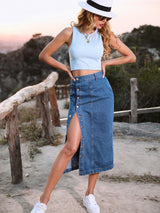 Button A-line Side Split High Waist Denim Skirt Office