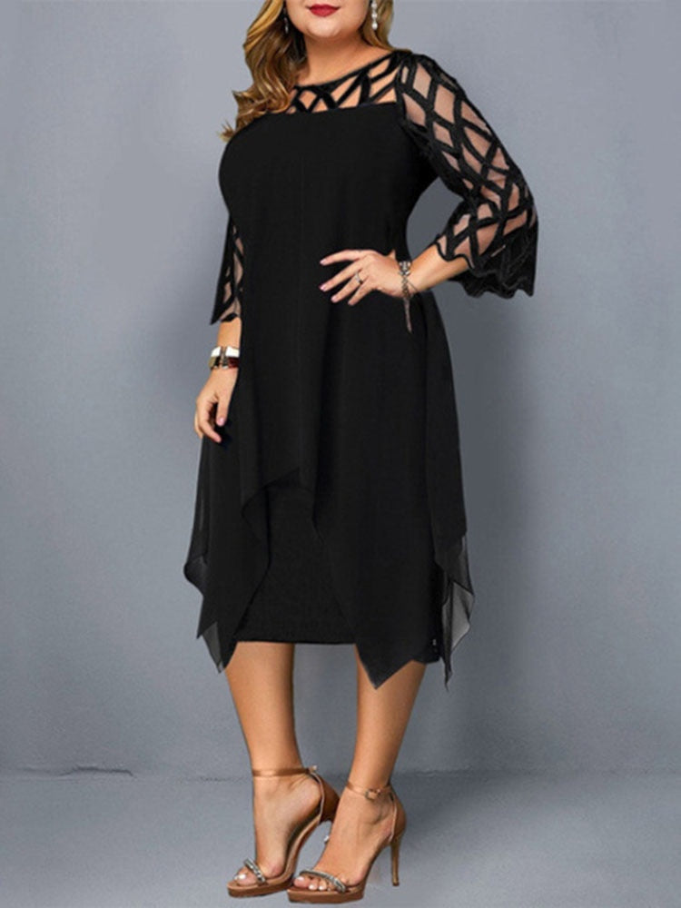 2023 Midi Party Dress for Plus-sized WomenClassic O-neckline and Elegant Lace Sleeves