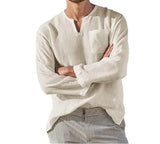 Hot Selling Men's Long Sleeve V-neck Casual Beach Linen Shirt For Men