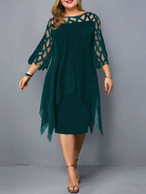 2023 Midi Party Dress for Plus-sized WomenClassic O-neckline and Elegant Lace Sleeves