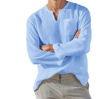 Hot Selling Men's Long Sleeve V-neck Casual Beach Linen Shirt For Men