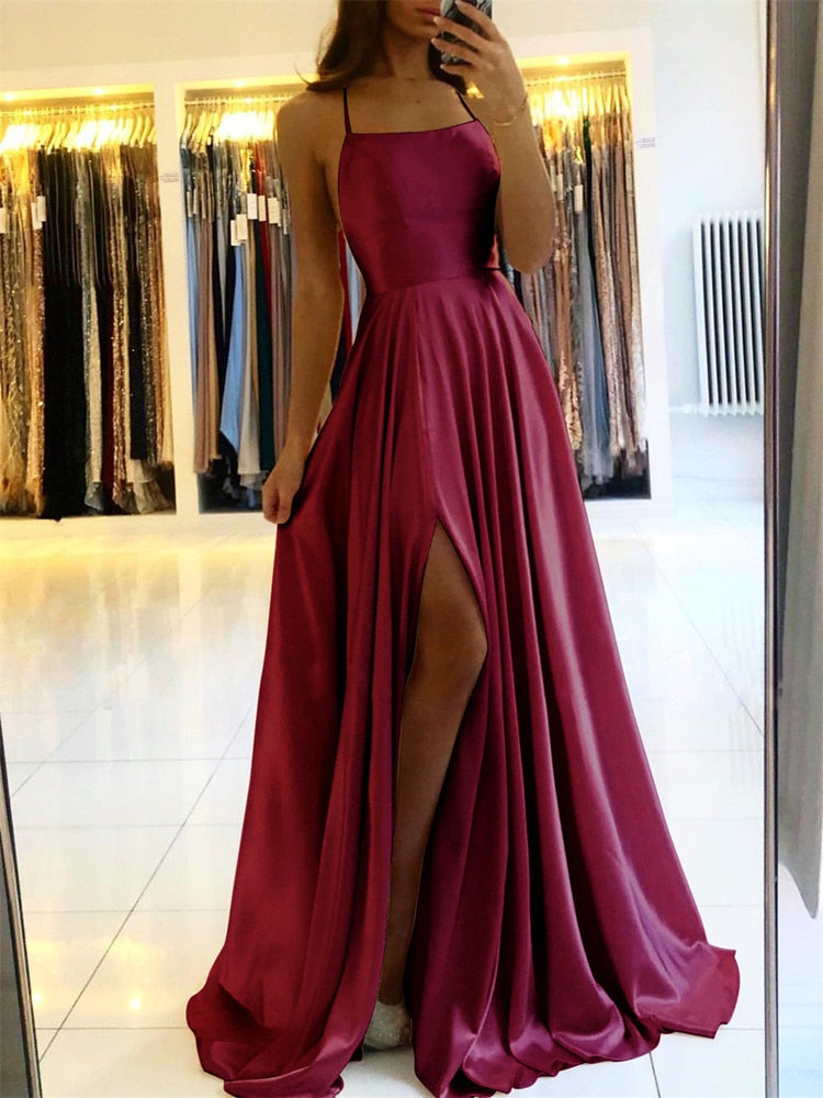 Burgundy Satin Beach Maxi Women Dress for Christmas Sexy Side Slit Adjustable Straps