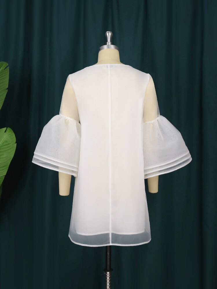 Women White Dresses Sweet O Neck 3 Layers Bell Sleeve Shift Dress