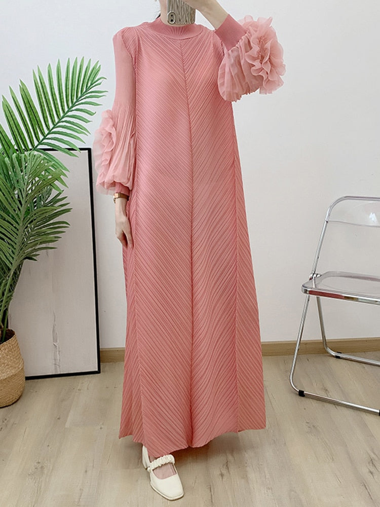 LANMREM Maxi Pleated Dress Round Neck Spliced Fungus Full Sleeve Dresses For Women 2023