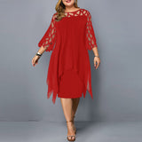 2023 Midi Party Dress for Plus-sized WomenClassic O-neckline and Elegant Lace Sleeves