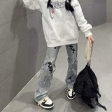 Harajuku High Waist Gothic Jeans Pants for Women Baggy Cross Stitch Wide Leg Pants