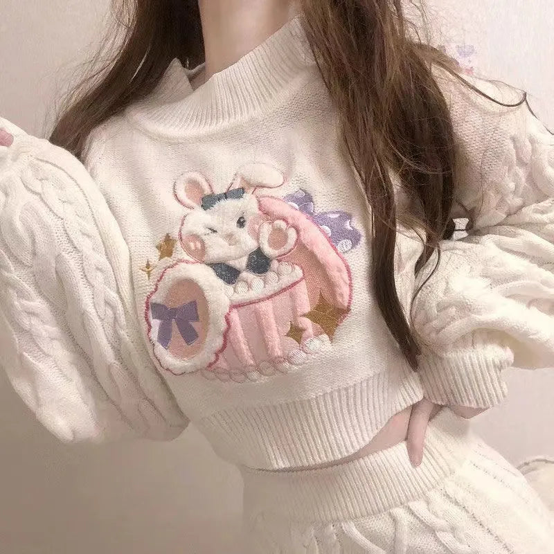 Embroidered Bunny Knit Sweater Outfit