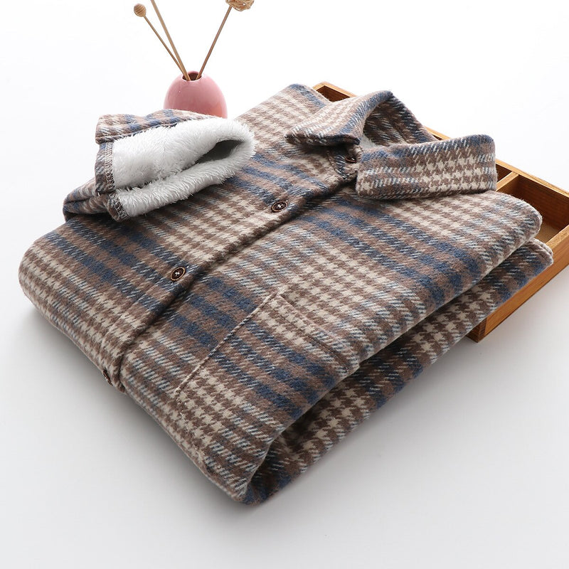 Thick Velvet Plaid Shirts Women Winter Warm Blouses and Tops New Casual Woollen Shirt