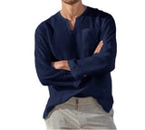 Hot Selling Men's Long Sleeve V-neck Casual Beach Linen Shirt For Men